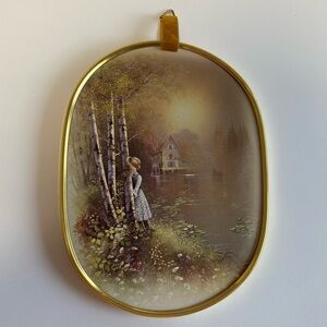 Vintage 70s Oval Art Work Picture Girl In Woods
